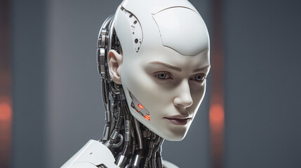 A robot head with a female human face similar robot