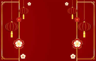 Happy Chinese new year 2024. Chinese new year banner for show product. Greeting card. China frame with lantern on red background.