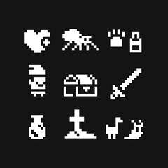 Obraz premium Pixel art, 1-bit icon set, black and white emoji, monsters, hero with sword and chest. Isolated vector illustration.