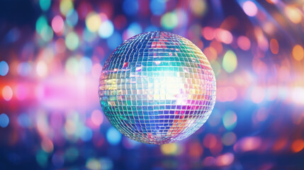 Fototapeta na wymiar Colorful disco ball, blurred disco lights in background