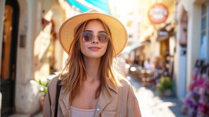 Portrait of a young woman in a straw hat and sunglasses against the backdrop of a sunny European street. Tourism and travel concept.