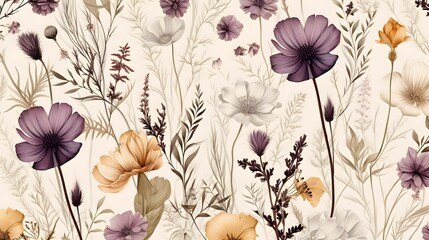Modern contemporary Seamless pattern with ethereal wildflowers, leaves. vintage dry pressed wild flower plants, grass. Nature floral background. Texture for Cloth, Textile, Wallpaper, fashion prints - obrazy, fototapety, plakaty