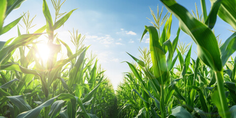 corn field is growing under the morning sky in a serene countryside landscape with green meadows, trees, and fluffy clouds