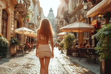 Fotobehang Young woman in a straw hat, tourist, rear view, walks through narrow old European streets with cafes and shops. Tourism and travel concept. © Katerina Bond