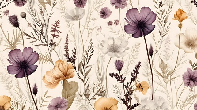 Fototapeta Modern contemporary Seamless pattern with ethereal wildflowers, leaves. vintage dry pressed wild flower plants, grass. Nature floral background. Texture for Cloth, Textile, Wallpaper, fashion prints