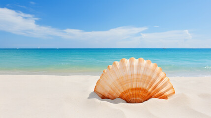 Fototapeta na wymiar Sea shell on white sand, ideal tropical beach in the afternoon
