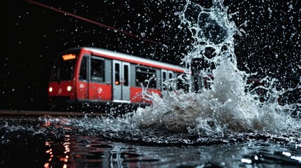 Modern Subway car Rail Vehicle in water splashes on the black background. Horizontal Illustration. Transportation and Logistics. Ai Generated Illustration with Fast Innovative Subway car.