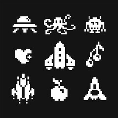 Starship and monsters pixel art 1-bit icon set, black and white emoji, heart, apple and cherry. Isolated vector illustration. Design for mobile application © Настя Прокопчук