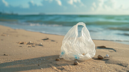 Environmental pollution plastic bag on the sea beach