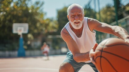 Fototapeta premium Active Older Man Playing Basketball: Outdoor Court Action Shot Capturing Agility and Enjoyment in a Sunny and Dynamic Environment