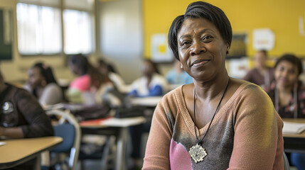 Fototapeta premium Middle-aged black teacher in the classroom with her students in the background. Natural lighting through the windows. Teacher's day