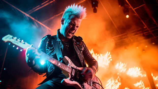 Passionate rock star playing guitar on music festival stage