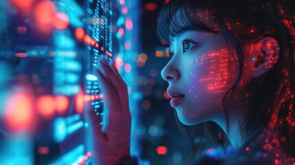 Woman with glowing dots in front of a building in futuristic digital and digital world - obrazy, fototapety, plakaty