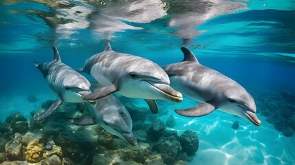 Bottle-nosed dolphins (Tursiops truncatus) Honduras,underwater view
