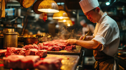 Butcher preparing fresh meat, a skilled male person with a knife, in a busy food market stall.