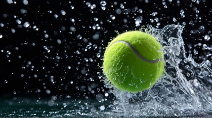 Professional Tennis ball Sports Equipment in water splashes on the black background. Horizontal Illustration. Sporting Gear Ai Generated Illustration with Active Game Tennis ball.