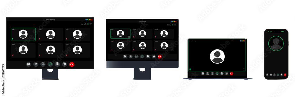 Poster Video call interface video call screen or vector overlay of a user interface template on different devices vector eps10