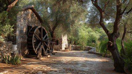 A rustic olive oil mill surrounded by olive trees, with large stone wheels and traditional wooden equipment used in the extraction process, showcasing the timeless charm of olive o
