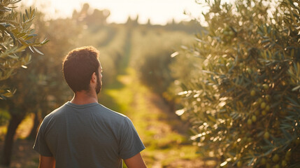 An olive oil farmer inspecting olive trees laden with ripe fruit, highlighting the connection between the farmer and the land in sustainable olive oil production.