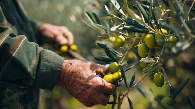 An olive oil farmer using a hand rake to gently harvest olives from the branches, emphasizing the careful and manual approach to preserving the quality of the fruit.