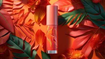 A cosmetic container decorated with orange flowers and green leaves on the side is beautiful and elegant. generative AI