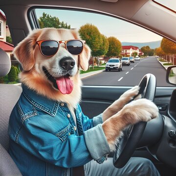 Cute Dog Looking Out Car Window Wearing Sunglasses