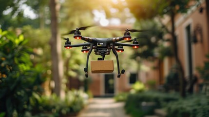 Drone with cardboard box delivering online order