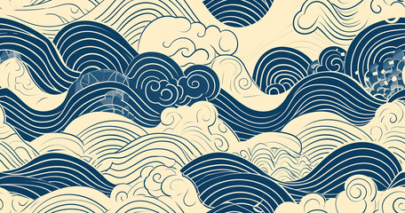 Fototapeta na wymiar blue and white abstract japanese wave style seamless pattern