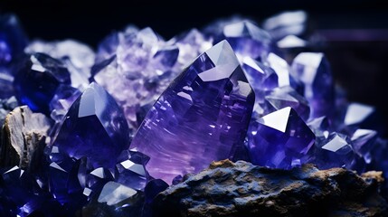 rough blue sapphire and diamonds gemstones crystals raw amethyst tanzanite dark background.
 - obrazy, fototapety, plakaty