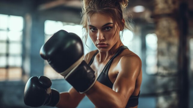 Strength and Determination: High-Quality Image of Female Boxer Training in a Gritty Gym Setting with a Powerful Stance