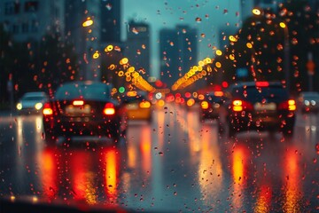 Evening commute Rainy weather on roads, city lights creating bokeh