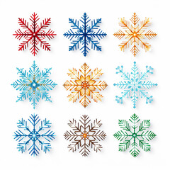 Set of different snowflakes isolated on white background. Macro photo of real snow crystals
