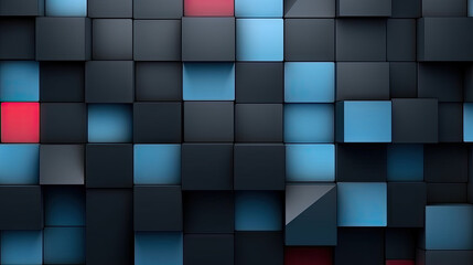 Abstract geometric design on red blue black wall suitable for backgrounds, posters, 3d mosaic graphics lowpoly .cubes, squares, and lines create a modern, eyecatching pattern