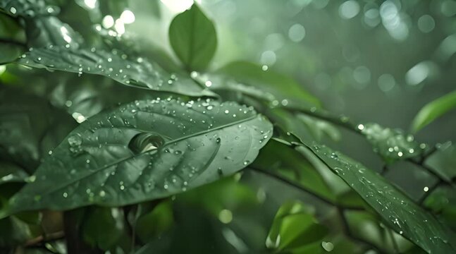 photo of leaf with water drops, in the style of rendered in cinema, tropical landscapes, dark gray and dark emerald
