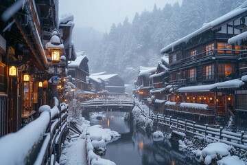 Wintertime in an ancient Ginzan Onsen village. Generative Ai. - obrazy, fototapety, plakaty