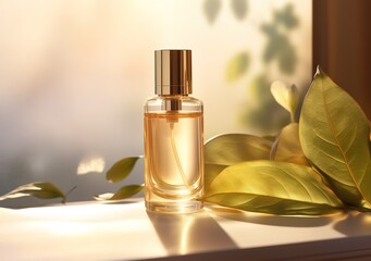 A light brown perfume bottle in the photo with green leaves decorated on the side