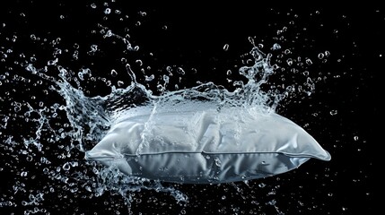 Obraz premium Ergonomic Travel pillow Travel Essential in water splashes on the black background. Horizontal Illustration. Vacation and Holiday. Ai Generated Illustration with Portable Lightweight Travel pillow.