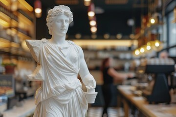 An ancient Greek statue as a barista in a coffee shop. female statue, white marble statue,