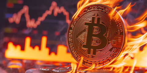 Burning Bitcoin against a backdrop of rising financial graphs, symbolizing market volatility - obrazy, fototapety, plakaty