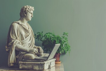 An antique ancient Greek statue working on a laptop in a stylish office. casual attire. Carved from...