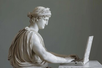 An antique ancient Greek statue working on a laptop in a stylish office. casual attire. Carved from white marble. isolated on background
