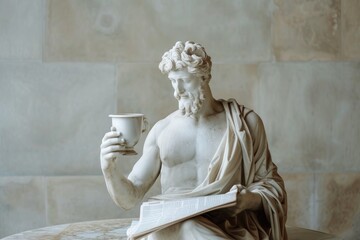 An ancient Greek statue in a casual life, enjoying a cup of coffee and reading a newspaper. white marble greek statue. whimsicle greek statue in accessibility and Inclusion in Everyday Life concept.
