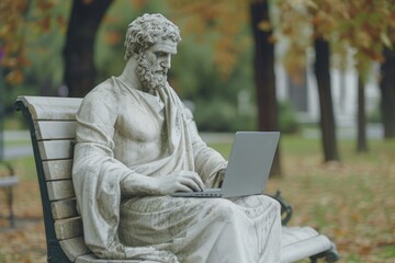 An ancient Greek statue in a modern city park, sitting on a bench with a laptop. Carved from white marble. ,isolated on background