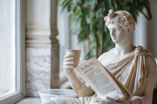 An ancient Greek statue in a casual life, enjoying a cup of coffee and reading a newspaper. white marble greek statue. whimsicle greek statue in accessibility and Inclusion in Everyday Life concept.