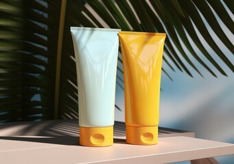 Row of empty cosmetic bottles in blue and yellow colors in photo with beautiful beach background. generative AI