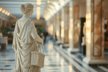 An ancient Greek statue shopping in a mall, carrying shopping bags. white marble greek statue. whimsicle greek statue in accessibility and Inclusion in Everyday Life concept. - obrazy, fototapety, plakaty