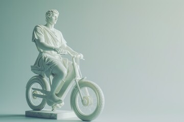 Obraz na płótnie Canvas An ancient Greek statue riding a bicycle. white marble greek statue. whimsicle greek statue in accessibility and Inclusion in Everyday Life concept.