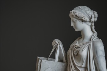 An ancient Greek statue shopping in a mall, carrying shopping bags. white marble greek statue. whimsicle greek statue in accessibility and Inclusion in Everyday Life concept.
