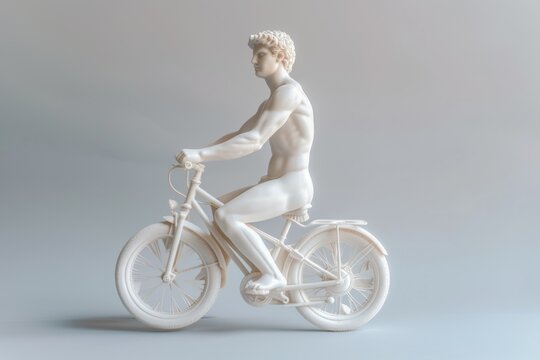 An ancient Greek statue riding a bicycle. white marble greek statue. whimsicle greek statue in accessibility and Inclusion in Everyday Life concept.