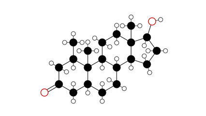 mesterolone molecule, structural chemical formula, ball-and-stick model, isolated image proviron